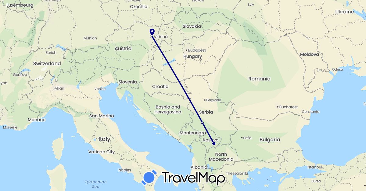 TravelMap itinerary: driving in Austria, Kosovo (Europe)